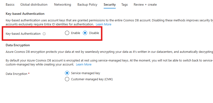 Screenshot that shows the option to disable key-based authentication when you create a new account in the Azure portal.