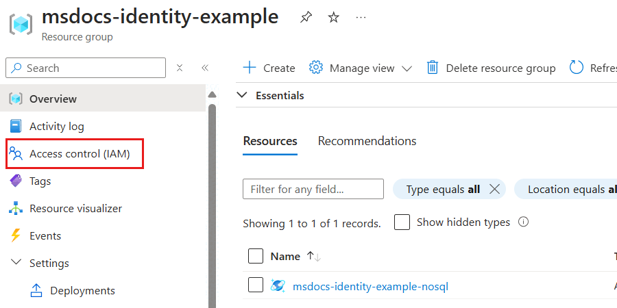 Screenshot that shows the Access Control (IAM) option on the service menu for a resource group.