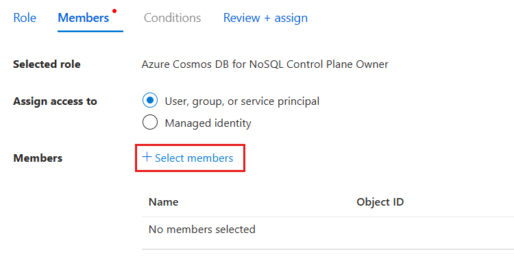Screenshot that shows the Members pane for adding a role assignment.