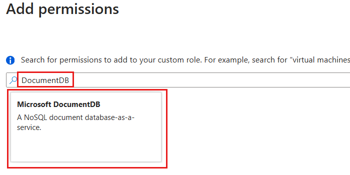 Screenshot that shows the Add permissions dialog filtered to permissions related to DocumentDB for adding a custom role.