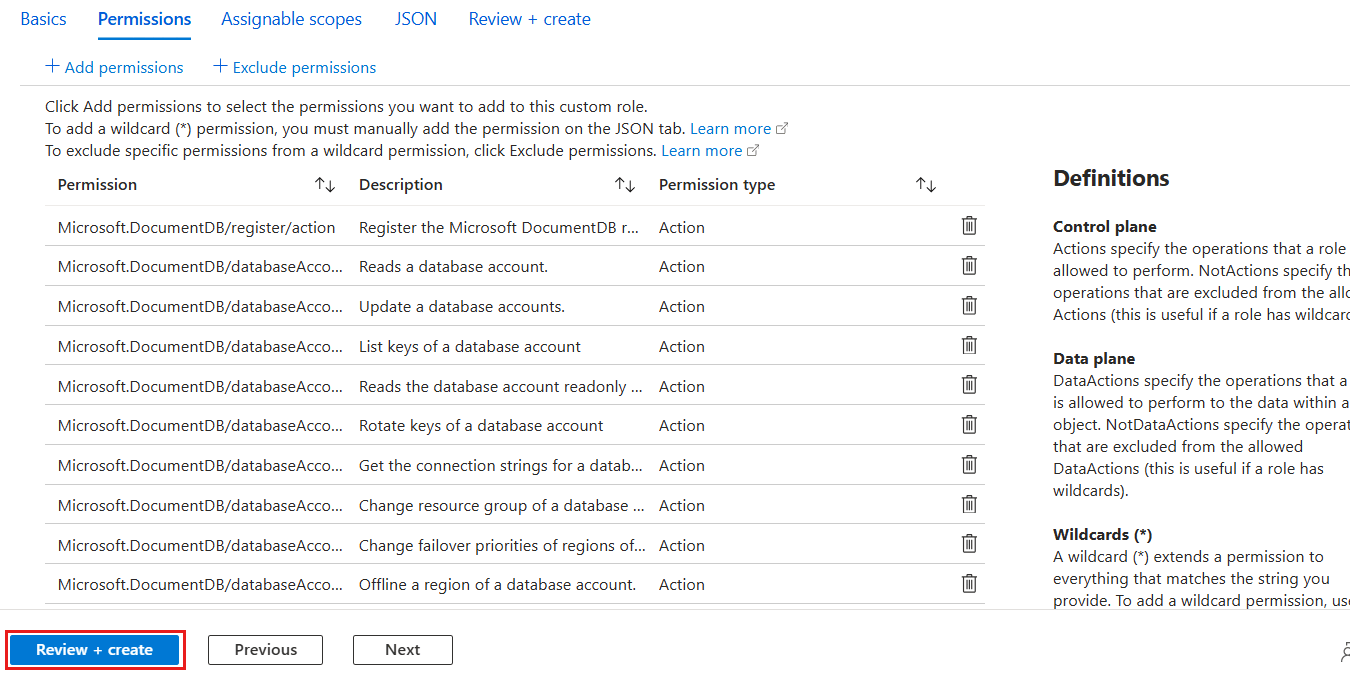 Screenshot that shows the Permissions pane with multiple permissions added to the list for a custom role.