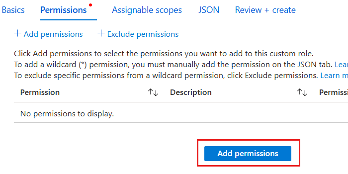 Screenshot that shows the Permissions pane for adding a custom role.