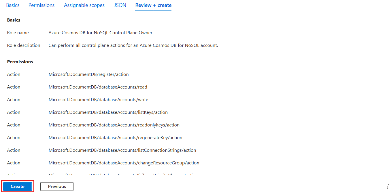 Screenshot that shows the Review + create pane for adding a custom role.