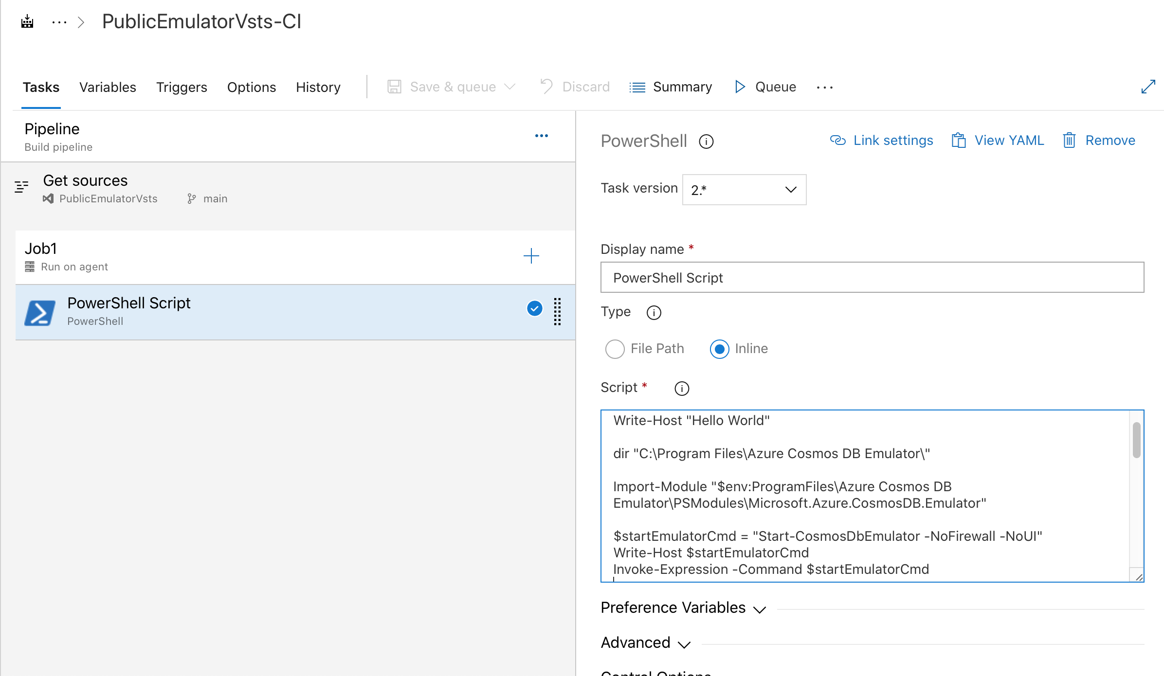 Screenshot of a task that runs the PowerShell script to start the Azure Cosmos DB emulator.