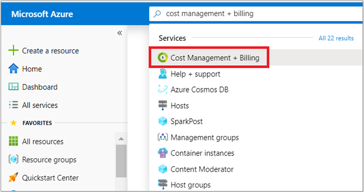 Screenshot that shows a search for Cost Management + Billing in the Azure portal.