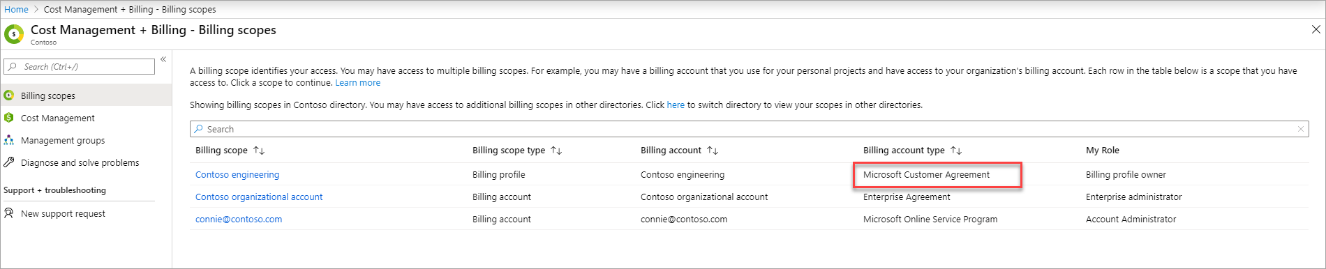 Screenshot that shows billing scopes with a selected billing account.