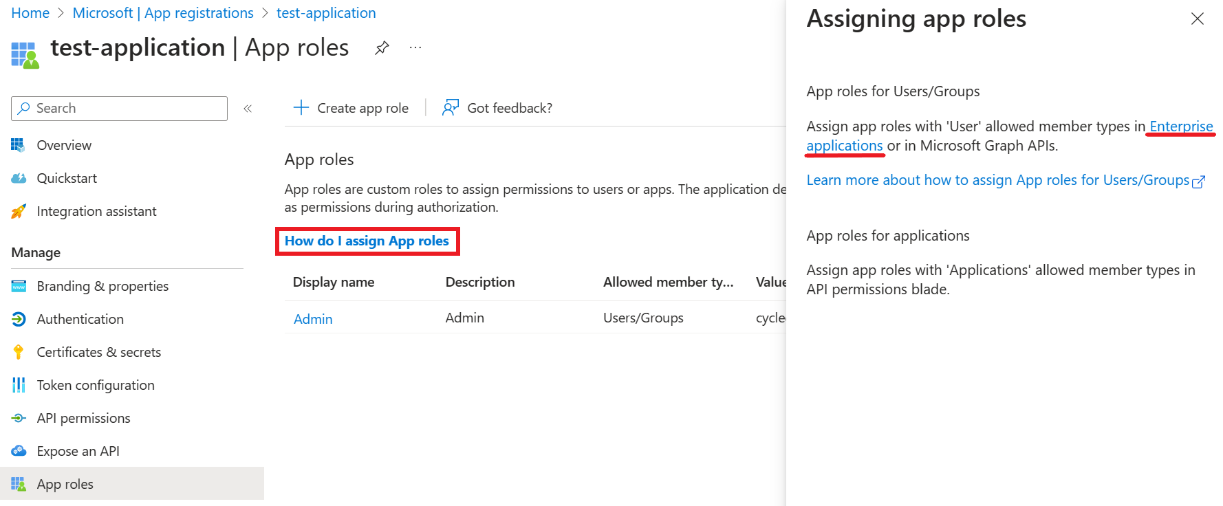 Screenshot of the shortcut to get to the Enterprise Application role assignment window.