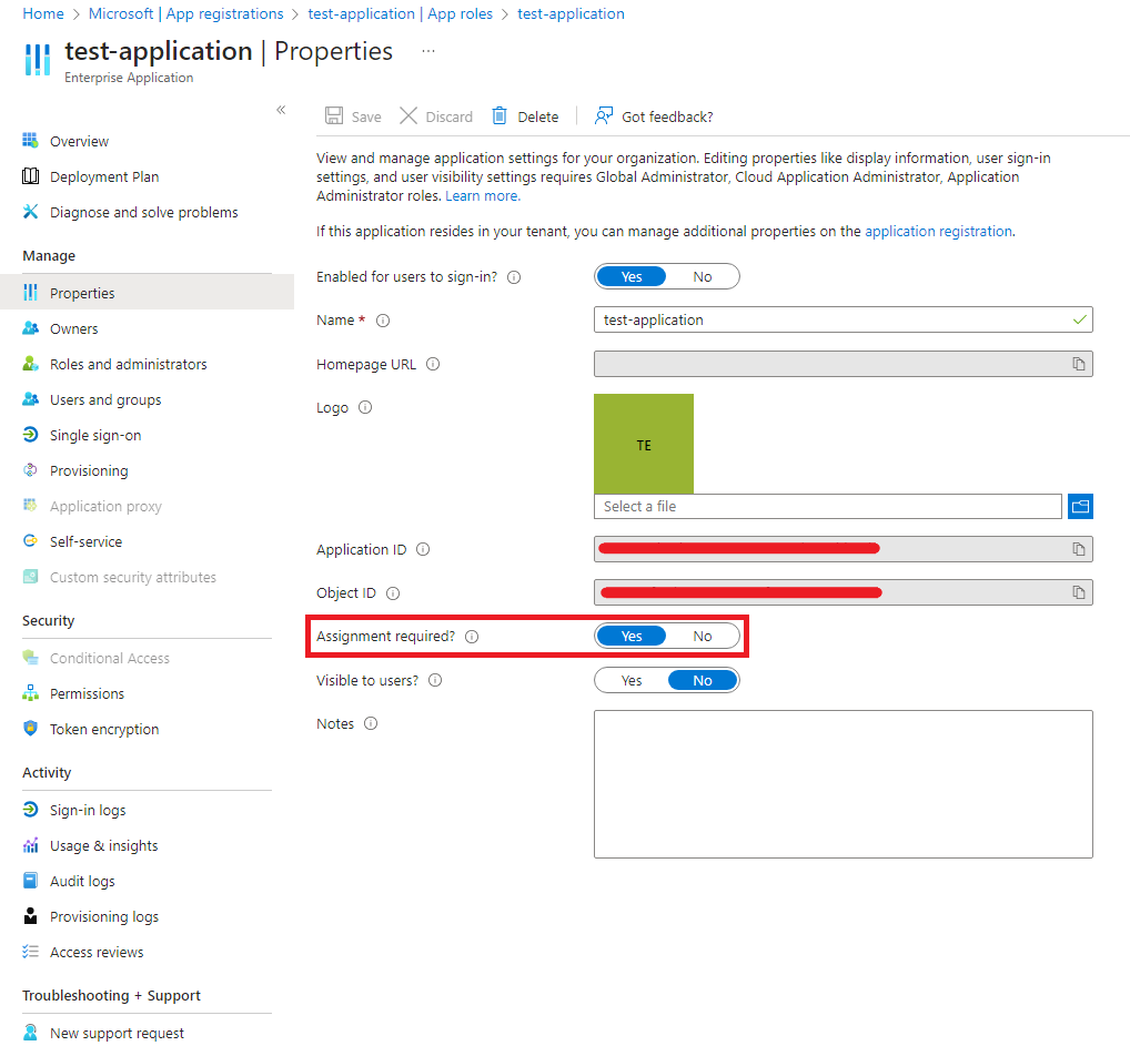 Screenshot of the Assignment required setting highlight in the Enterprise Application blade.