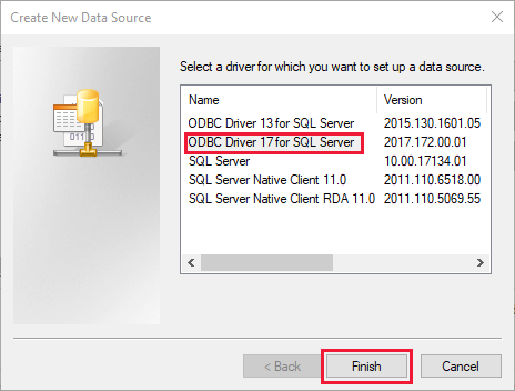 Screenshot of the ODBC driver selection dialog showing ODBC Driver 17 for SQL Server selected.