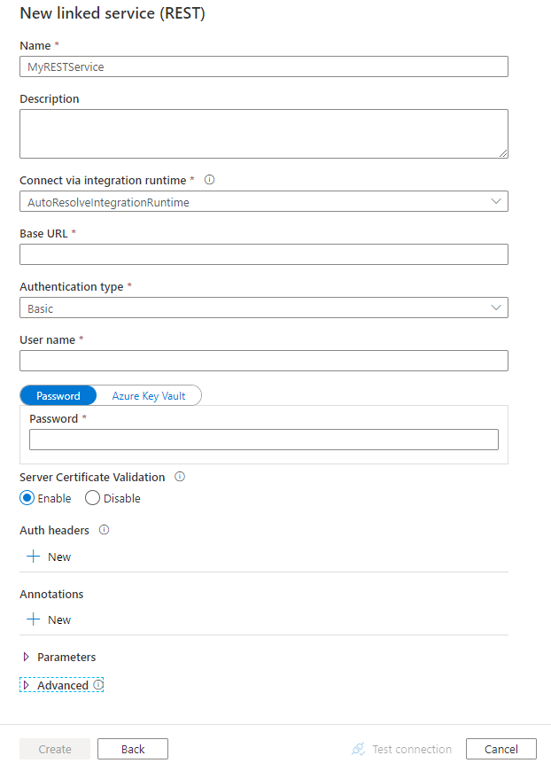 Screenshot of configuring the REST linked service.