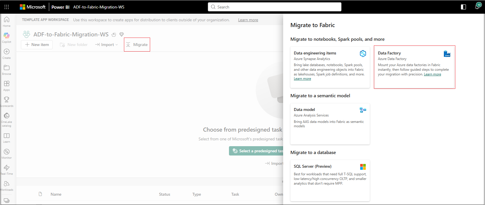 Screenshot showing the Migrate to Fabric panel in a Fabric workspace with the Data Factory option highlighted.