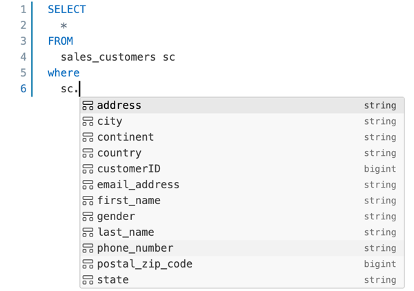 Autocomplete suggesting column names from the table aliased as sc after the user types sc..