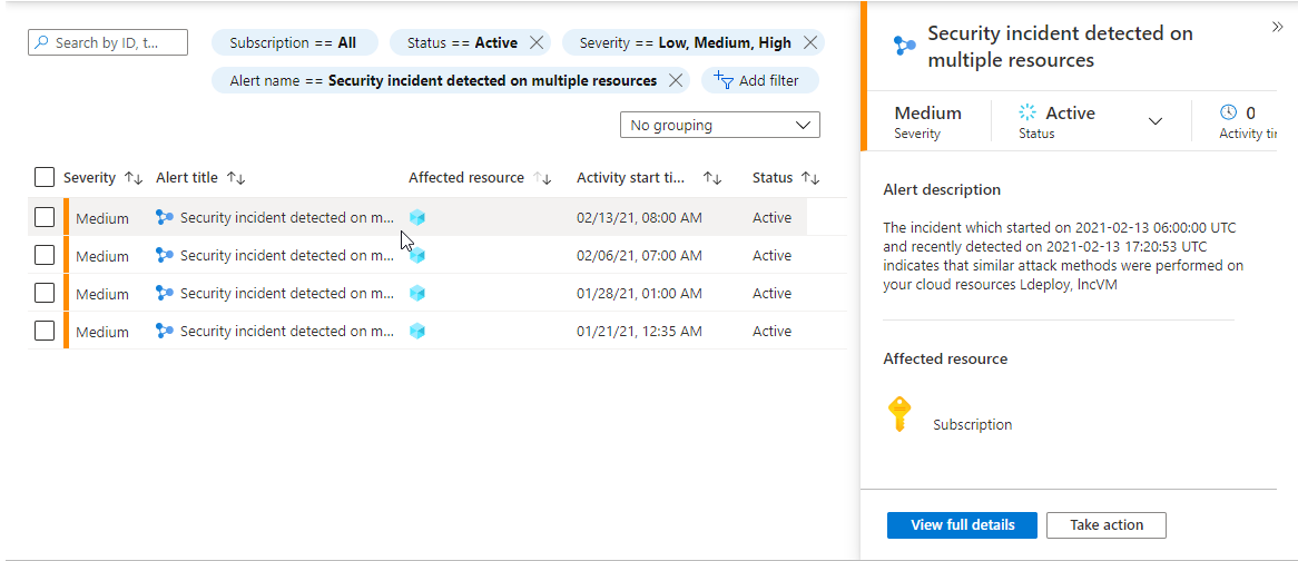 Screenshot of the side pane showing incident details such as severity, status, and related alerts in Microsoft Defender for Cloud.