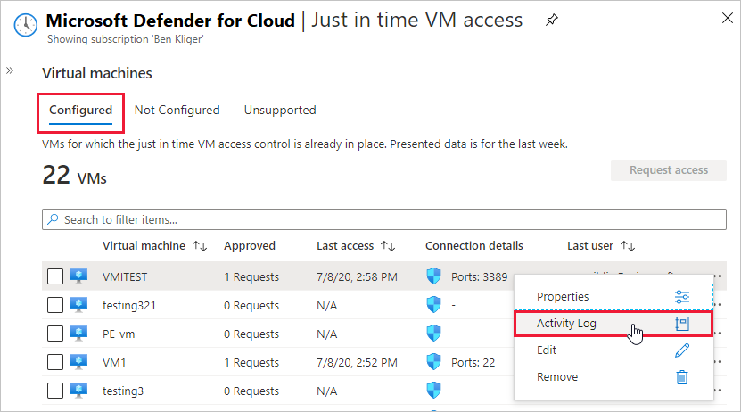 Screenshot of selecting the just-in-time VM access activity log in Defender for Cloud.