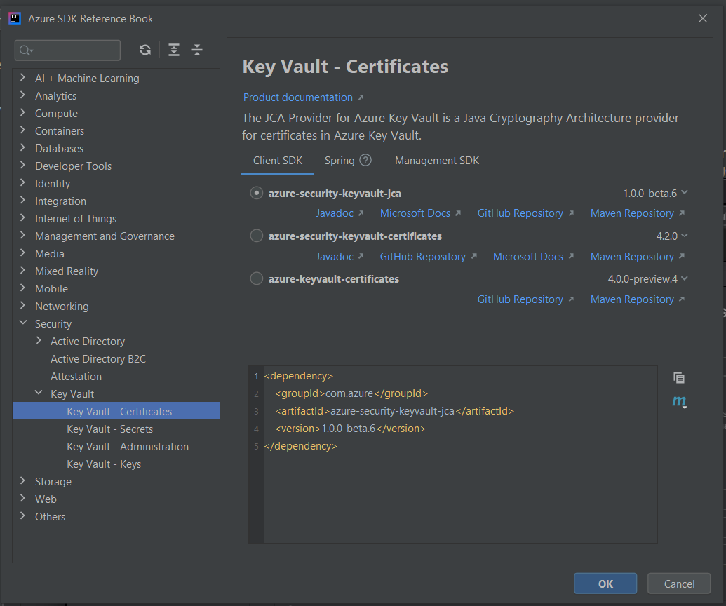 Screenshot of the Azure SDK Reference Book menu option in IntelliJ.