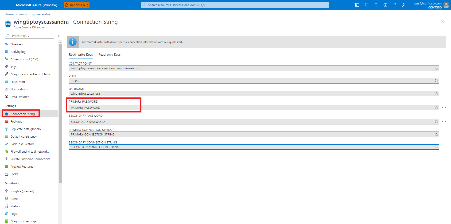 Screenshot of Azure Cosmos DB connection string settings in the Azure portal.