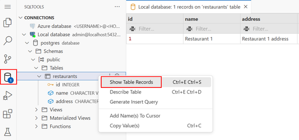 Screenshot showing how to use SQLTools extension in Visual Studio Code to connect to Postgres local database and show table records.