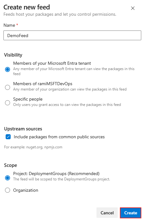 A screenshot showing how to create a new feed in Azure Artifacts.