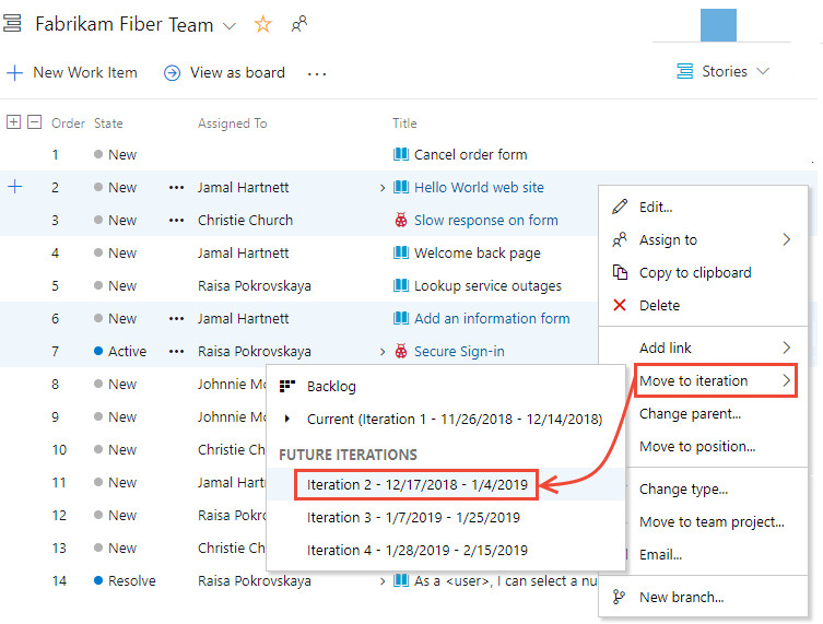Screenshot of Product backlog context menu with Move to iteration selected for multiple work items.