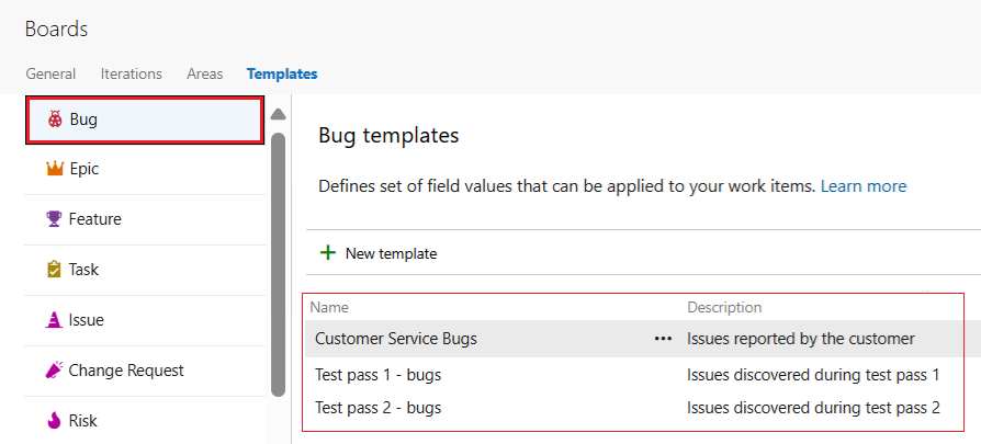 Screenshot of templates defined for the Bug work item type.