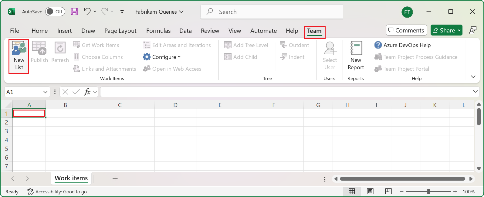 Screenshot that shows how to select the New List option in the Team ribbon.