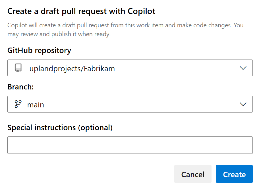 Screenshot shows menu dropdowns for repo and branch, for creating a draft pull request with Copilot.