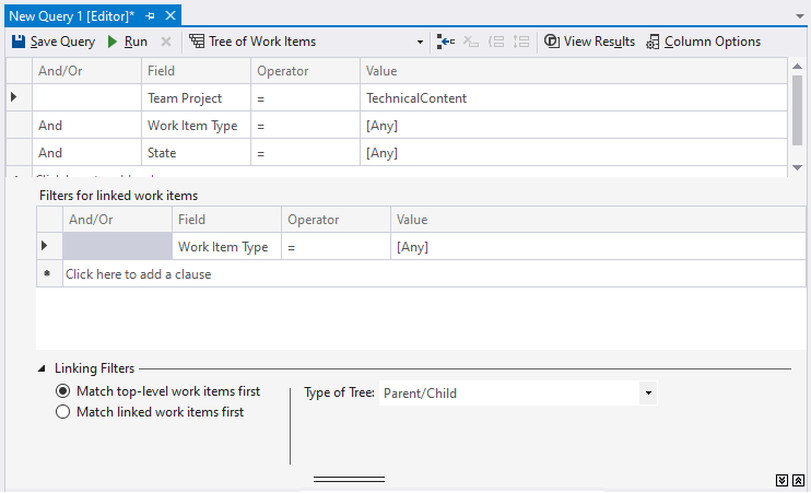 Screenshot that shows the Query Editor tree query in Team Explorer (Visual Studio).