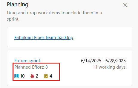 Screenshot show the content of a sprint, with the Planning Effort and the backlog items