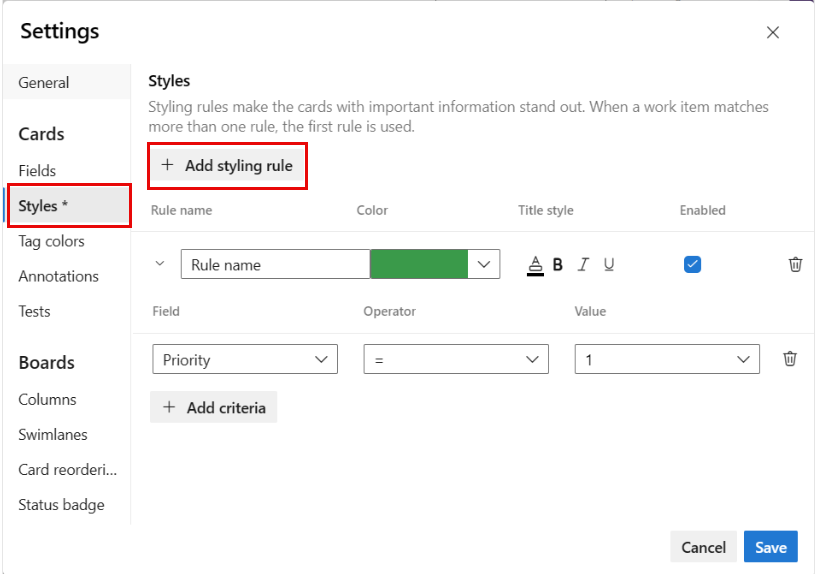 Screenshot of Settings dialog, Styles tab with a priority rule.