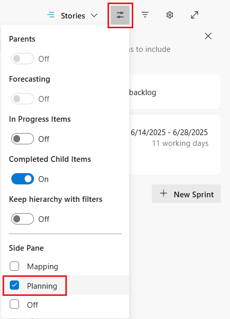 Screenshot of the Backlogs view options menu with Planning selected.