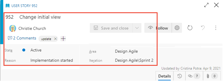 Screenshot that shows common fields in the work item form for all work item types.