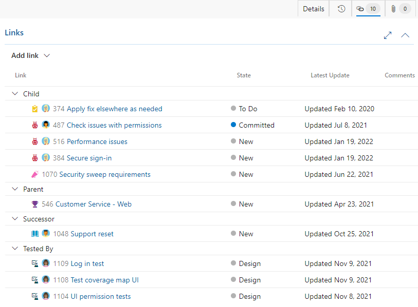 Screenshot that shows the Links tab in the work item form.