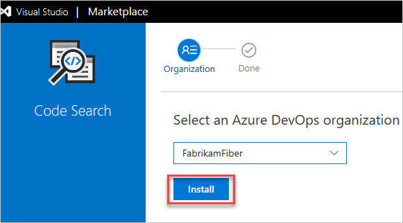 Screenshot showing organization dropdown and Install button for the extension.