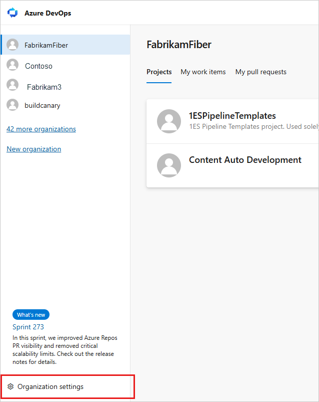 Screenshot showing the Organization settings action highlighted in Azure DevOps.