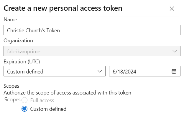 Screenshot shows Create a new personal access token dialog with name, organization, and expiration fields.