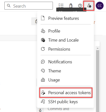 Screenshot shows Personal access tokens option in user settings.
