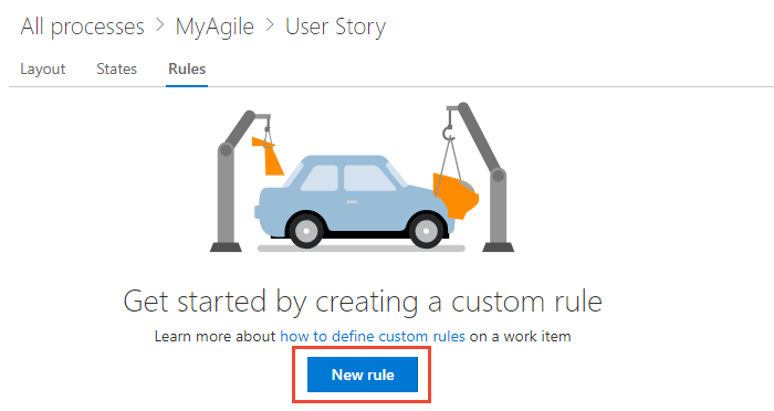 Screenshot shows the My Agile Process user story with the Rules tab open ready to create a rule.