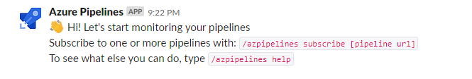 Screenshot of the Azure Pipelines app welcome message.