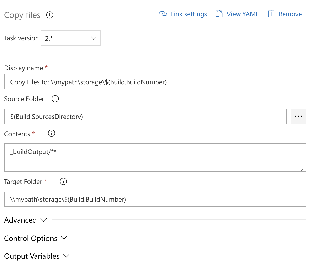 Screenshot that shows configuring the Copy files.
