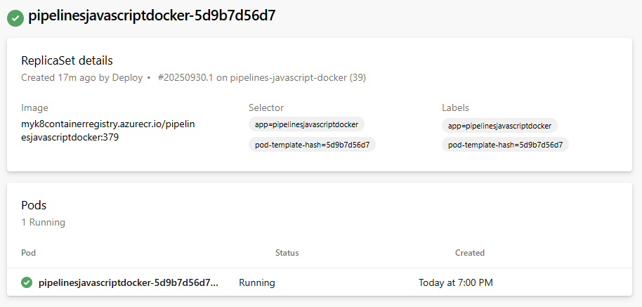 Screenshot that shows pipeline traceability for a Kubernetes cluster.