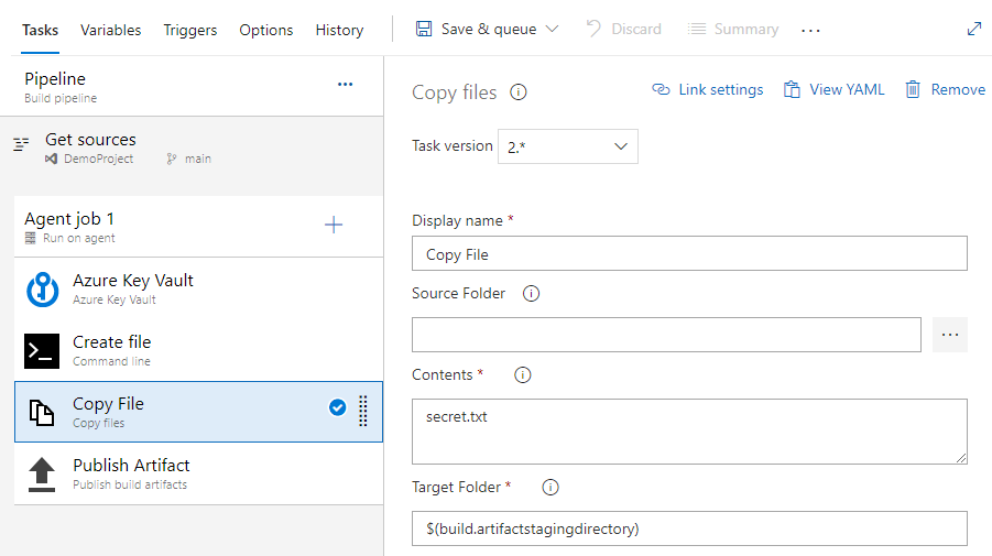 Screenshot that shows how to set up the Copy File task in classic pipelines.