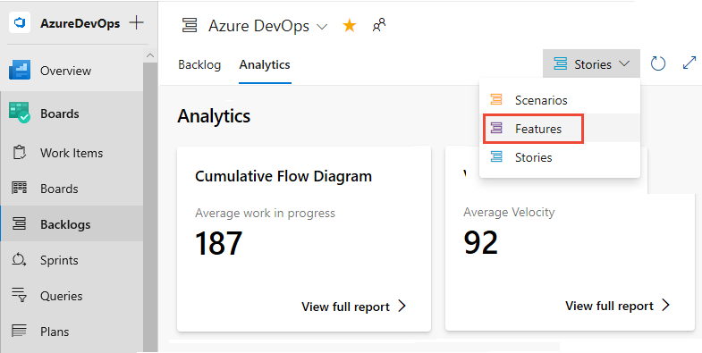 Screenshot of the Analytics tab of a backlog. In the backlog selector, Features is highlighted.