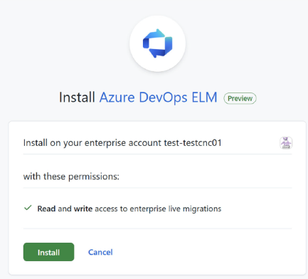 Screenshot of the Azure DevOps ELM enterprise installation page with the migration permission and Install button.