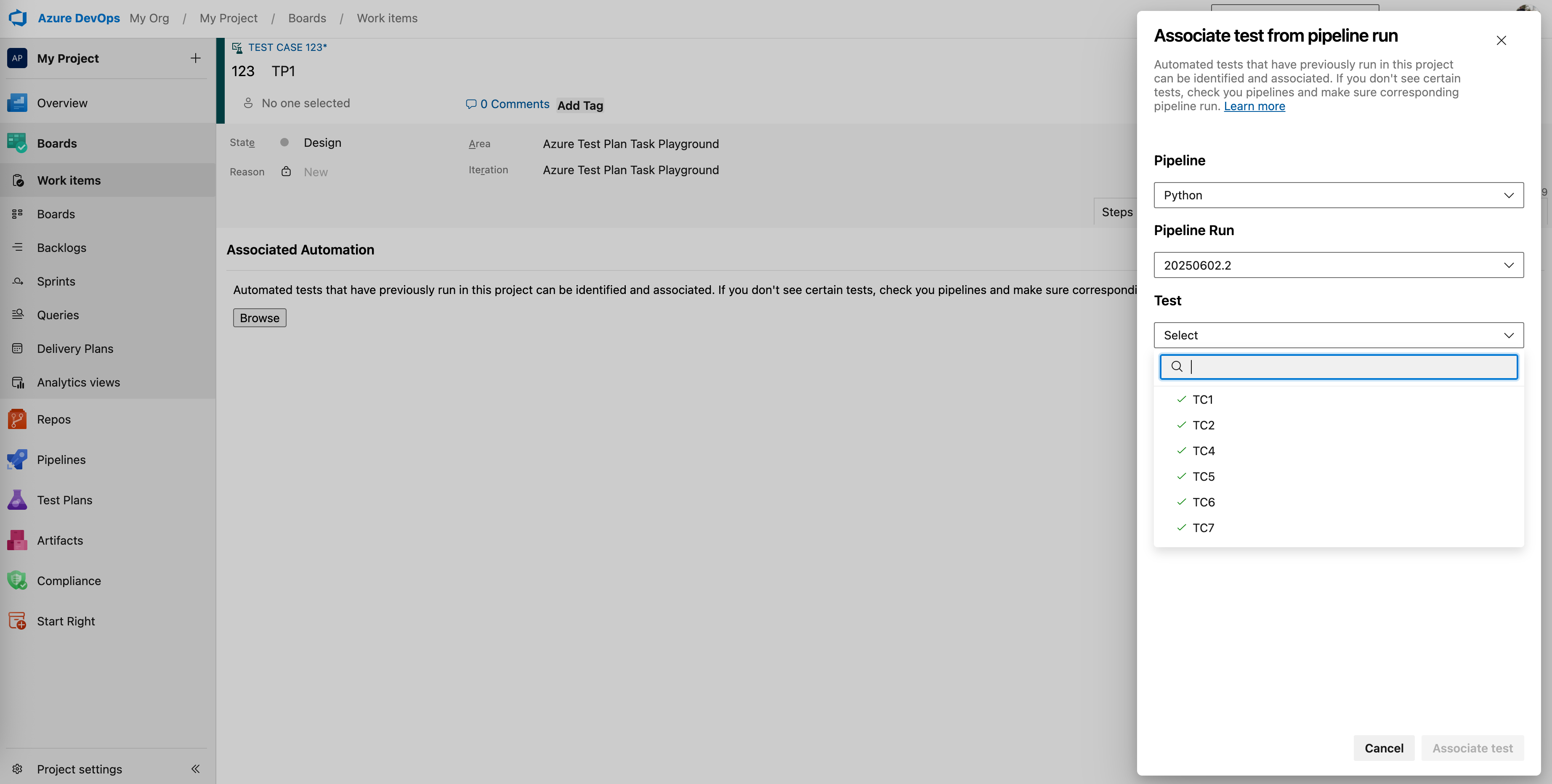 Screenshot showing associating an automated test to a test case within a CI/CD pipeline interface.