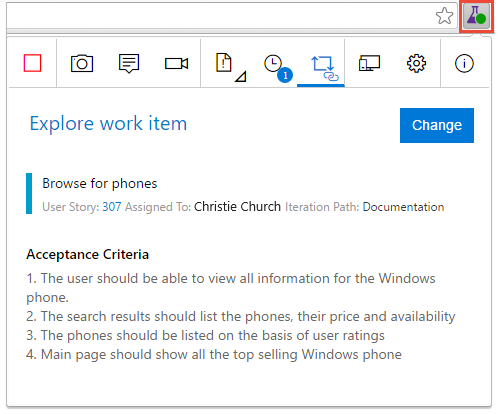 Screenshot of the Test and Feedback extension showing a work item and its acceptance criteria.