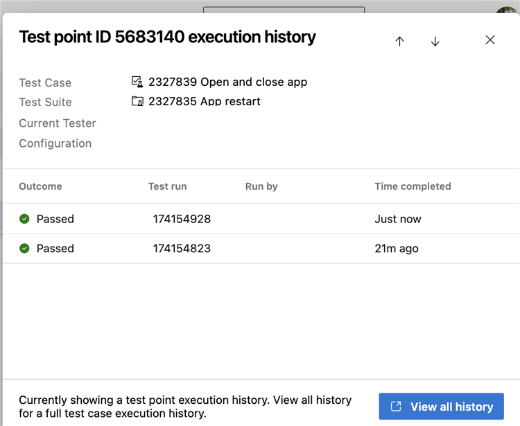 Screenshot of test-point execution history with outcomes and the View all history action.