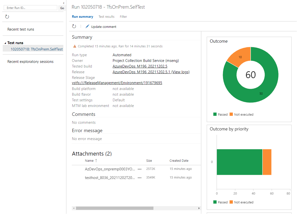 Screenshot of a selected test run summary with outcome and duration details.