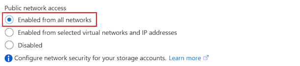 Screenshot that shows the Enabled from all networks option selected for the lab resource storage account.