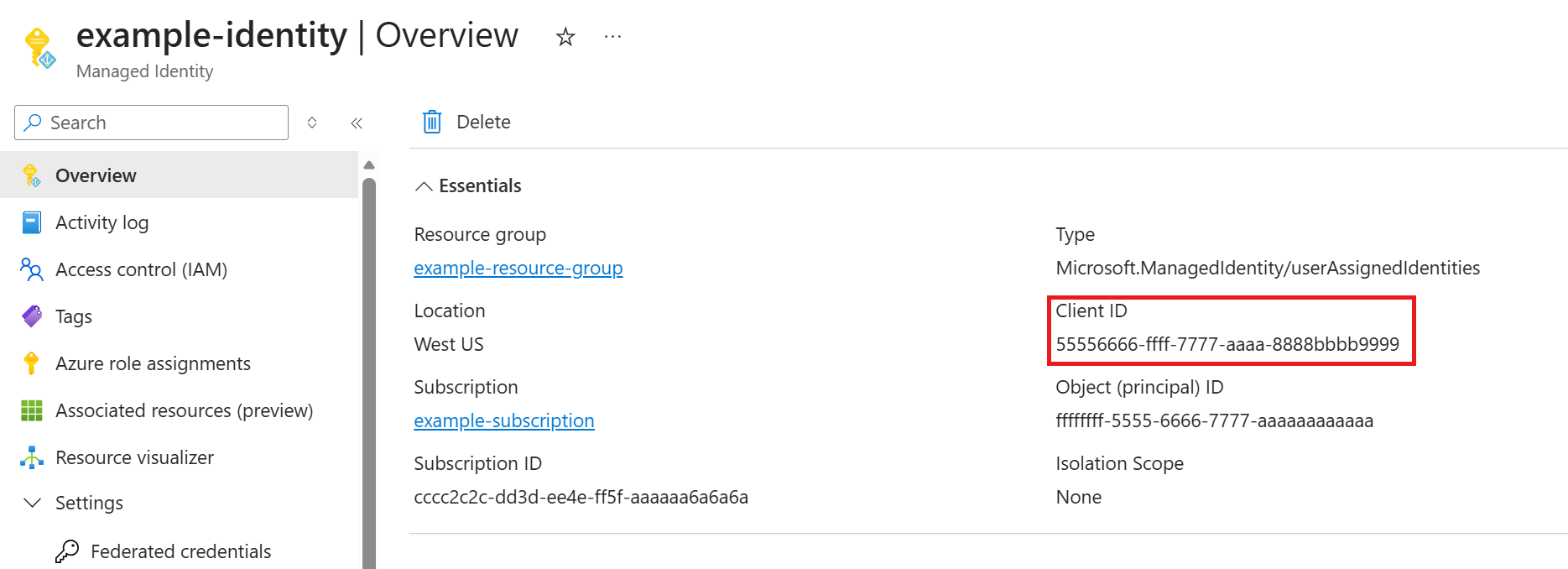 Screenshot to review client identifier needed for constructing the Microsoft Entra connection string from portal on the Azure DocumentDB.
