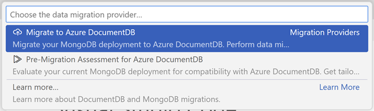 Screenshot of the command palette showing migration option in Visual Studio Code.